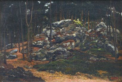 BARYE Antoine-Louis (1795-1875) "Intérieur de la forêt de Fontainebleau, Rochefort"
Huile...