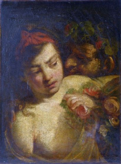 null Ecole XVIIIe siècle "Jeune fille aux roses" Huile sur toile, 63 x 47 cm (Accidents...