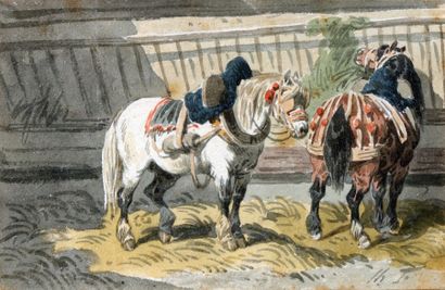 null Ecole XIX ème siècle, "Deux chevaux de trait à l'écurie" aquarelle trace de...