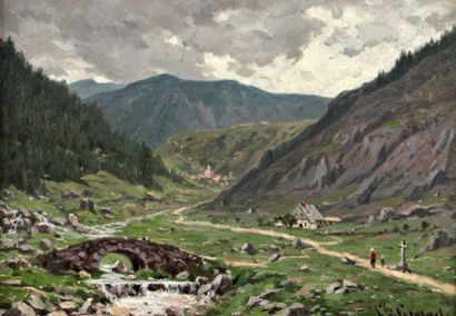 null Jean-Charles GEORGET (1833-1895) "Paysage de montagne", Huile sur panneau, signée...