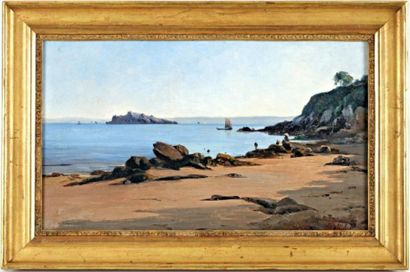 null Emmanuel LANSYER (1835 - 1893) "Elégantes en bord de mer". Huile sur toile....
