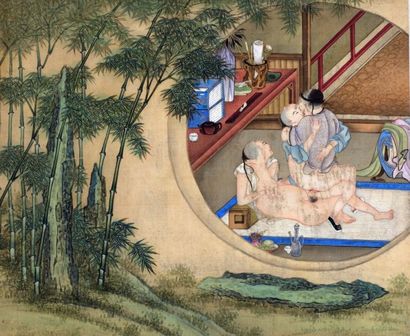 null Album de douze peintures érotiques à l'encre et couleurs sur soie 

Chine, XIXème...