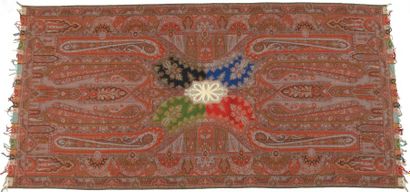 null Châle long « quatre saisons », France, vers 1890, fond rouge, décor cachemire...