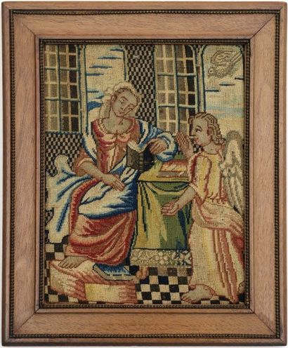 null Tapisserie au point, laine et soie, XVIIème siècle, l’Annonciation faite à Marie,...