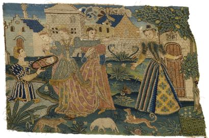 null Fragment de tour de lit en tapisserie au point, laine et soie, 1585, Moïse sauvé...