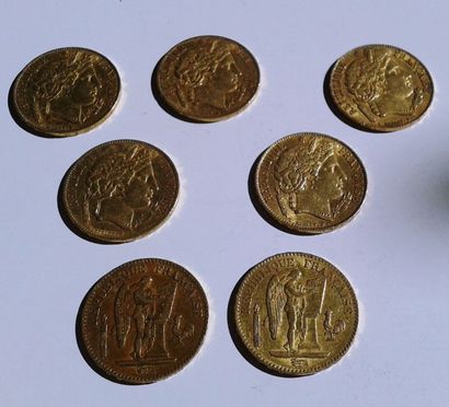 null Sept pièces de 20 FF or, IIe République,1849 (x2), 1850 (x2), 1851 (x3), Poids:...