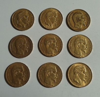 null Neuf pièces de 20 FF or, Napoléon III, 1852 (x2), 1856, 1857, 1859, 1860, 1864,...