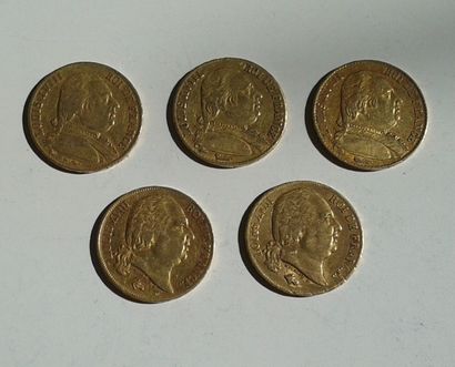 null Cinq pièces de 20 FF or, Louis XVIII, 1814, 1815, 1816, 1817, 1819, Poids: 31,98...