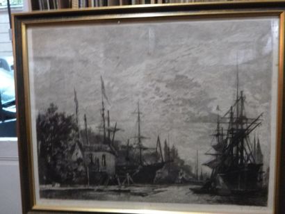  D'après Jongkind, Canal animé de navires, gravure sur cuivre, rousseurs, à vue 21x27cm,...