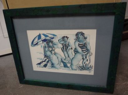  P. LONGO "Trois baigneuses" Lithographie, signée en bas à gauche, 20 x 36 cm (e...