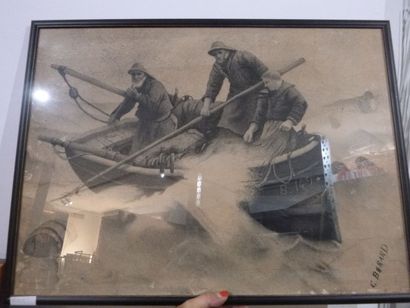  C. BERARD, Barque de pêcheurs, dessin à l'encre (?), signé bas droite, à vue 43x59cm,...