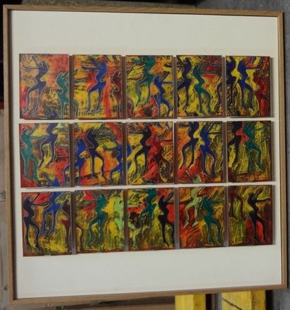  Anna HERZOG "Composition 5 x 3" Gouache, signée et datée 99 au dos, 36 x 54 cm ...
