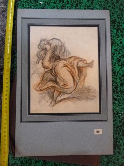 null LOT de cinq dessins comprenant : 
Ecole fin XIXe siècle - "Femme au balai" Aquarellé...