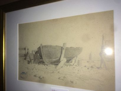 null Amédée Rosier (1831 -1898), dessin à la mine de plomb, « Barque sur la grève...