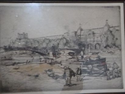 null Ecole XXème siècle, Le Pont du Louvre, gravure polychrome, à vue 16x23cm