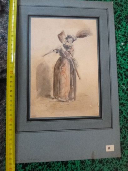 null Lot de 5 dessins comprenant : "Femme au balai", dessin aquarellé , 22 x 15cm...