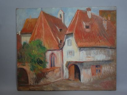 null Georges CAPRON "Paysage d'Alsace : La Vieille Eglise" Huile sur panneau. 48,5...