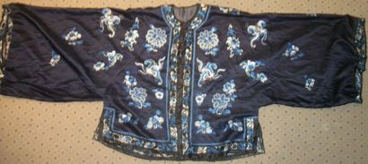 null Veste de femme Han, Chine, satin bleu brodé au point de Pékin et point passé...