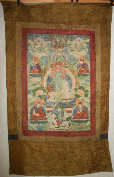 null Tanka, Tibet, XVIII- XIXème siècle, peau peinte de divinités boudiques, dans...