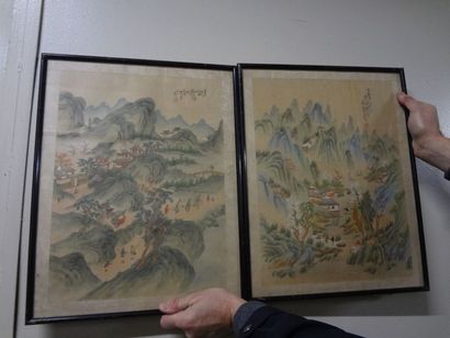 null Ecole asiatique deux peintures sur soie "paysages animés", 41 x 30,5 cm