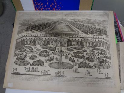 null Dans un carton à dessin, lot de gravures anciennes palais, jardins et quelques...