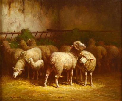 RAME Jean (Ecole du XIXe siècle) 

"Moutons à l'affourage" 

Huile sur toile, signée...