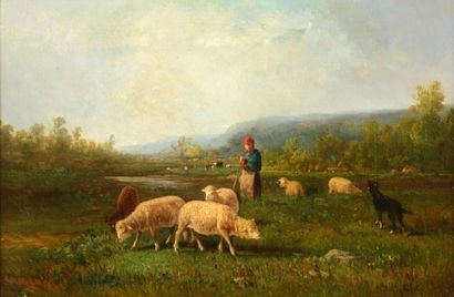 CORTES Antonio (1827-1908) 

"La bergère et son troupeau" 

Huile sur toile, signée...