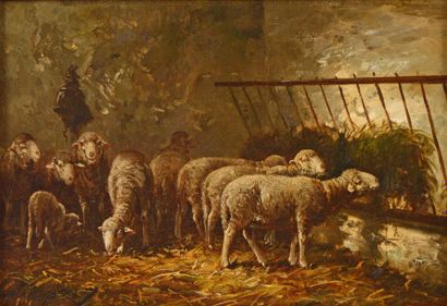 JACQUE Charles (1813-1894) 

"Moutons à l'affourage" 

Huile sur toile, signée en...