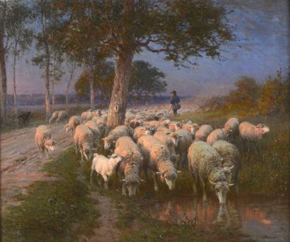 CLAIR Charles (1860-1930) 

"Le troupeau au soleil couchant" 

Huile sur toile, signée...