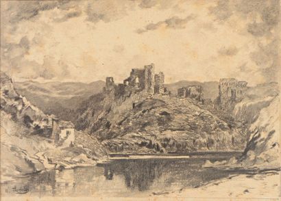 THORNLEY William Anslow (act.1858-1898) 

"Ruines près du lac" 

Fusain, signé en...