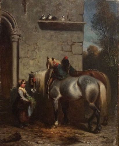 VEYRASSAT Jules Jacques (1828-1893) 

"Petite fille avoinant les chevaux"

Huile...