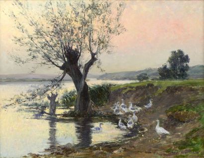LE POITTEVIN Louis (1847-1909) 

"Les oies à la mare" 

Huile sur toile, signée en...