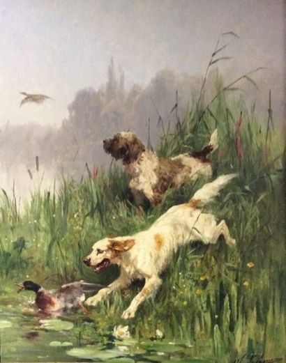 DE PENNE Olivier (1831-1897) 

"Chien levant les canards" 

Huile sur toile, signée...