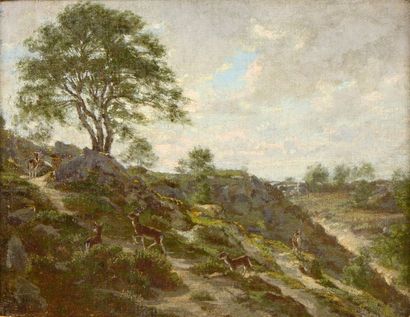 CHINTREUIL Antoine (1814-1873) 

"Biches et chevreuils sur le coteau" 

Huile sur...