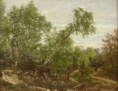 CHINTREUIL Antoine (1814-1873) 

"Biches et chevreuils en forêt" 

Huile sur toile,...