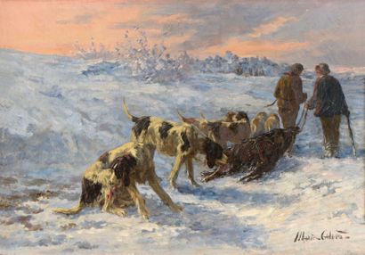 CALVES Marie Didière (1883-1957) 

"Fin de la chasse au sanglier sous la neige" 

Huile...