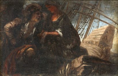 null Ecole française XIXe siècle 

"Personnages devant le port" 

Huile sur papier...