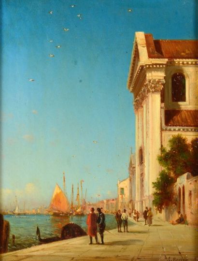 ROSIER Amédée (1831-1898) 

"Les quais à Venise" 

Huile sur panneau parqueté, signée...