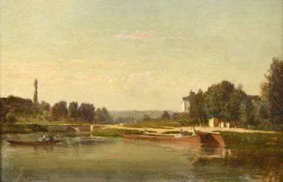 LAMBINET Emile-Charles (1815-1877) 

"Péniche et barque près du quai" 

Huile sur...