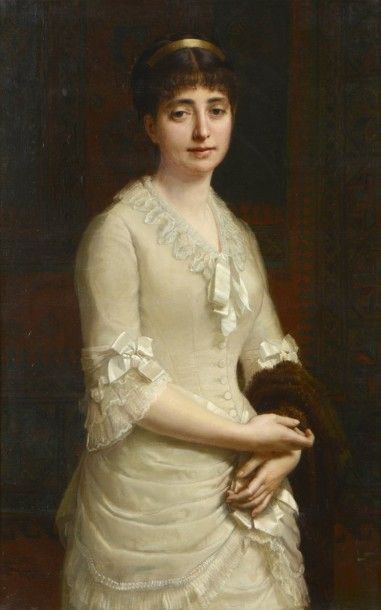 null Ecole du XIXe siècle 

"Jeune femme au bandeau" 

Huile sur toile, signée "Nemoz"...