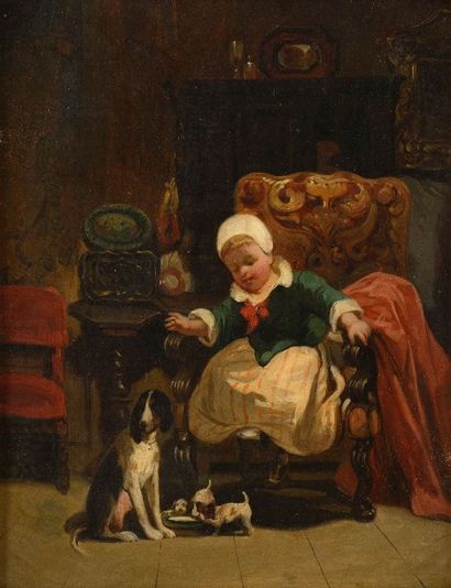 ROQUEPLAN Camille (1803-1855) 

"Enfant jouant avec les chiots"

Huile sur toile

35...