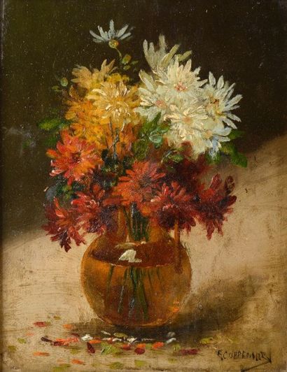 COPPENOLLE Van Edmond (1846-1915) 

"Bouquet de dalhias" 

Huile sur panneau, signée...