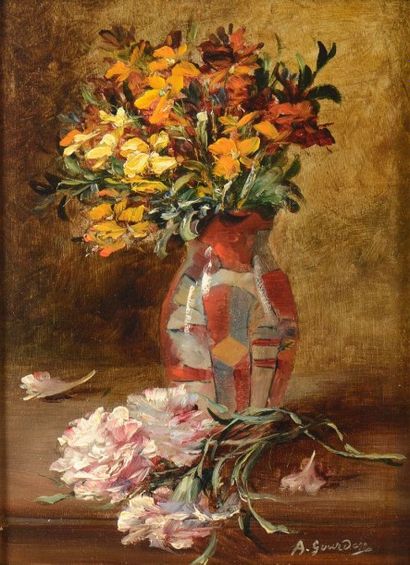 GOURDON René (né en 1855) 

"Bouquet de fleurs et jeté d'œillets" 

Huile sur panneau,...