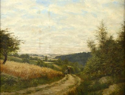 null Ecole du XIXe siècle 

"Paysanne sur le chemin, près des blés" 

Huile sur toile,...