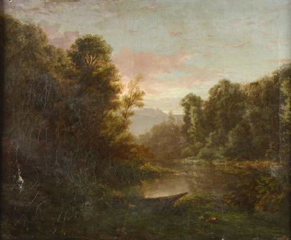 null Ecole du XIXe siècle 

"La barque" 

Huile sur toile, 

46 x 59 cm (enfonce...