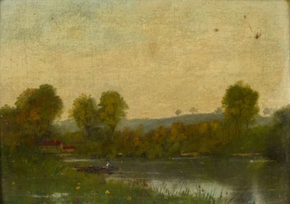 null Ecole du XIXe siècle 

"Pêcheur sur la rivière" 

Huile sur panneau, 

60 x...