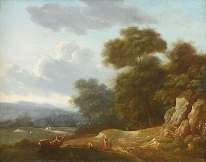BRUANDET Lazare (1755-1804) 

"Personnages à l'orée du bois" 

Huile sur panneau,...