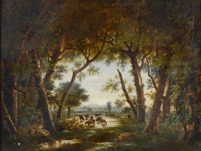 LAURENS JULES (1825-1901) 

"La sortie de la forêt" 

Huile sur panneau, signée en...