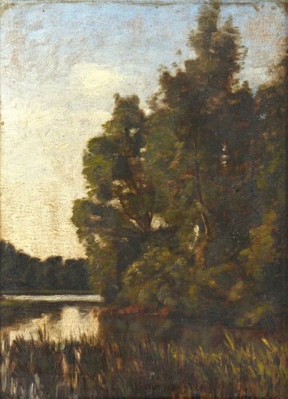 null Ecole du XIXe siècle 

"Les grands arbres près de l'étang" 

Huile sur toile,...