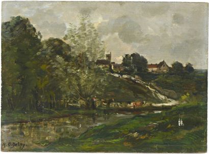 DELPY Hippolyte-Camille (1842-1910) 

"Village près de la rivière"

Huile sur panneau,...